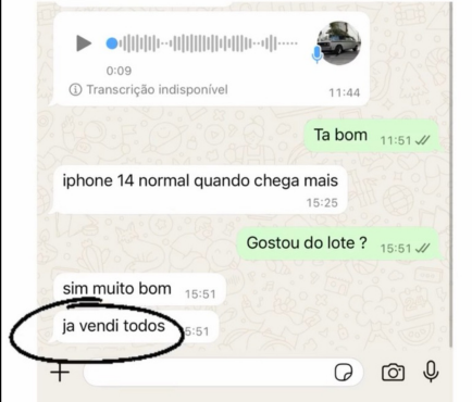 Conversa no WhatsApp: cliente diz que gostou do lote e já vendeu todos